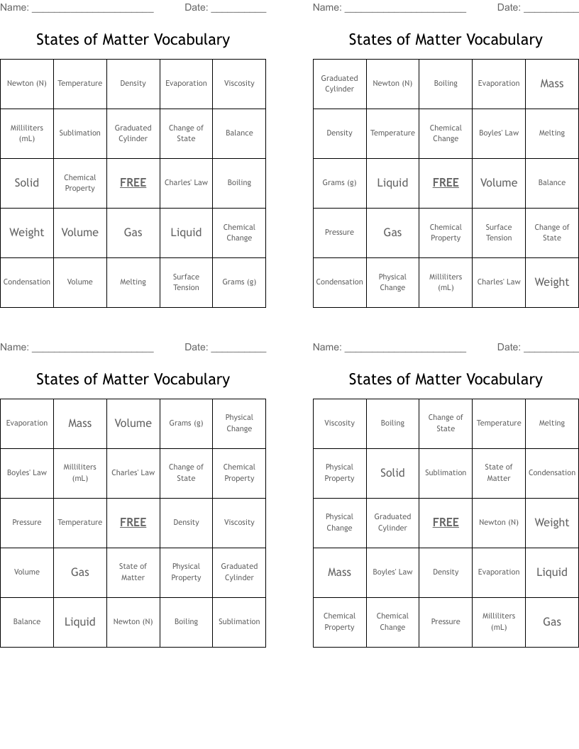 States of Matter Vocabulary  Bingo Cards