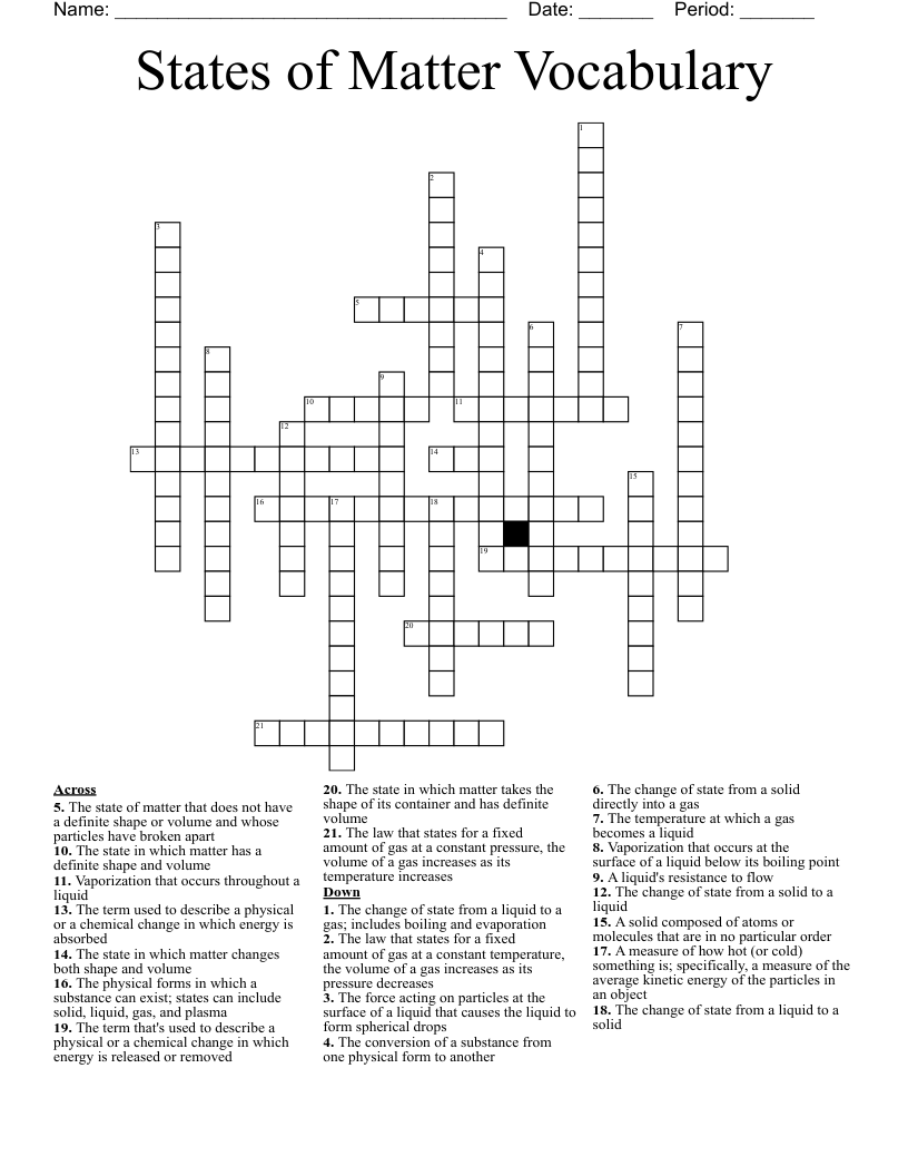 States of Matter Vocabulary  Crossword