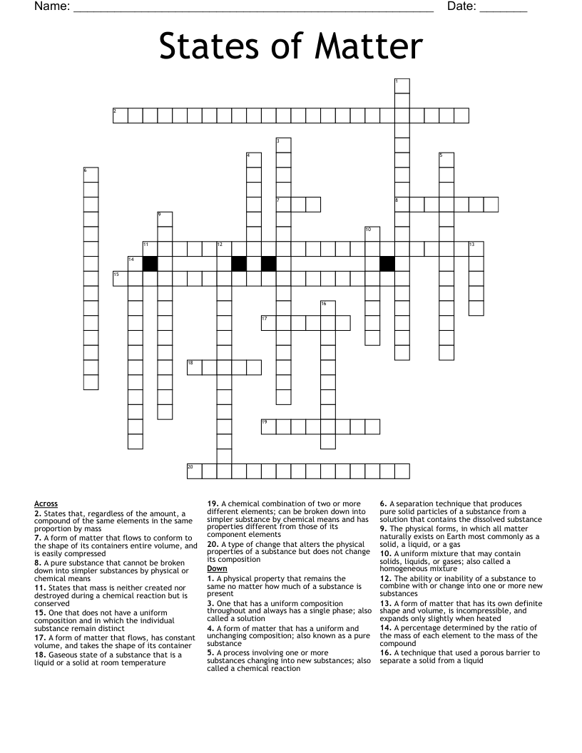 States of Matter  Crossword