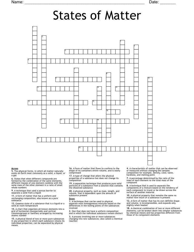 States of Matter  Crossword