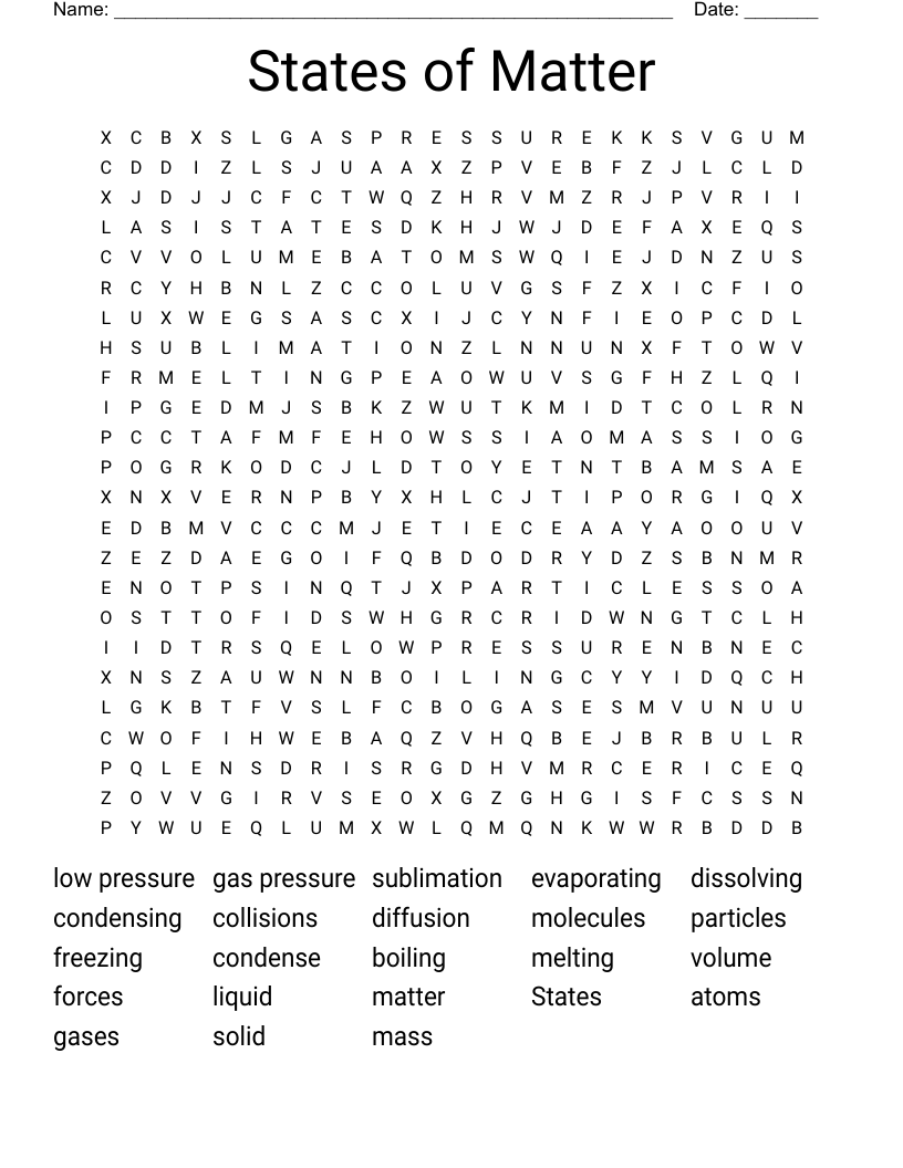 States of Matter  Word Search