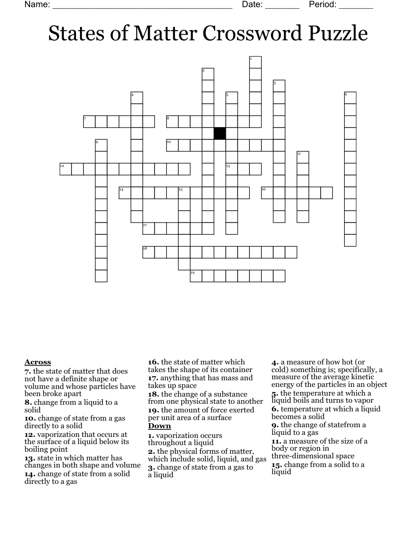 States of Matter  Crossword Puzzle 