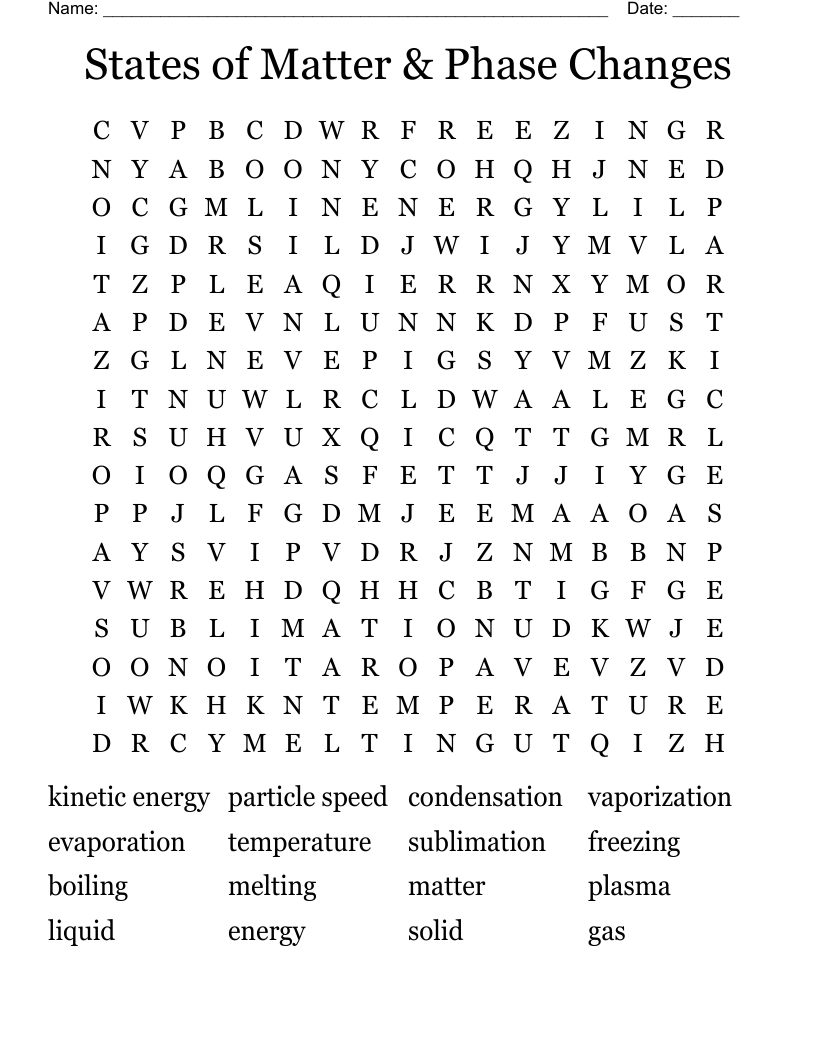 States of Matter & Phase Changes Word Search