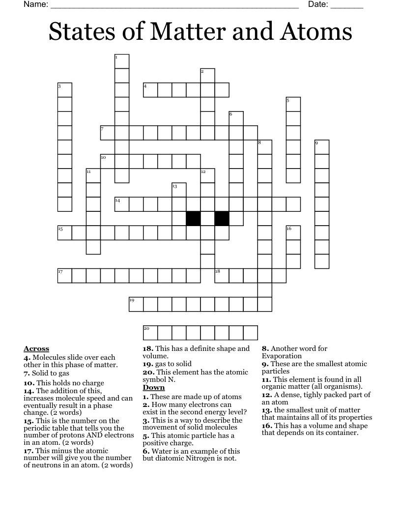 States of Matter and Atoms Crossword