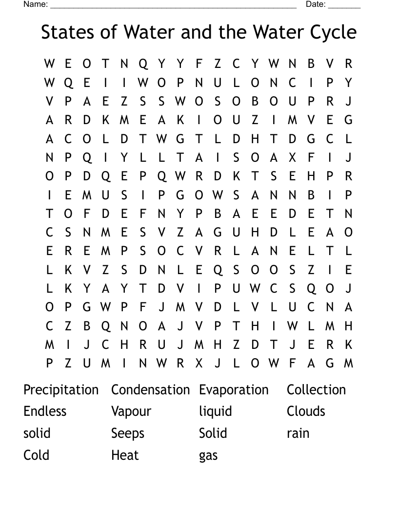 States of Water and the Water Cycle Word Search