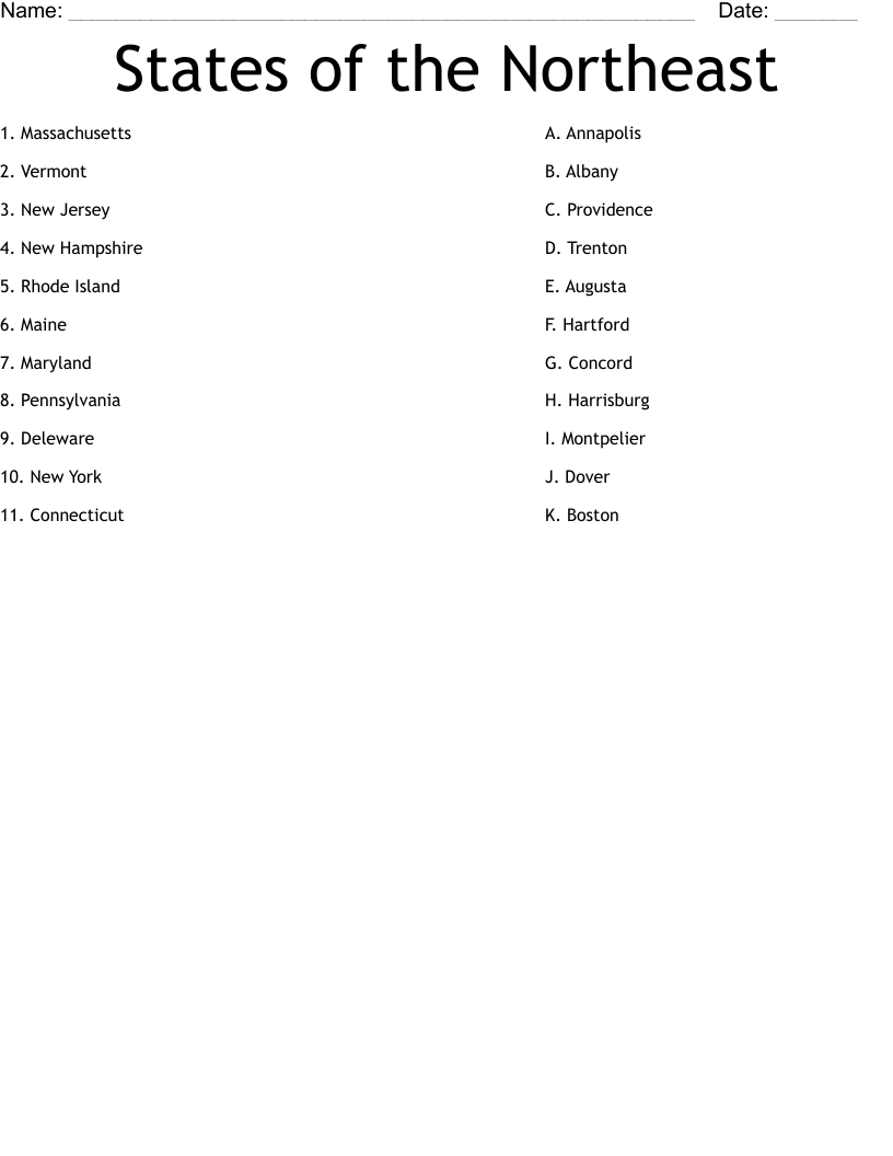 States of the Northeast Worksheet