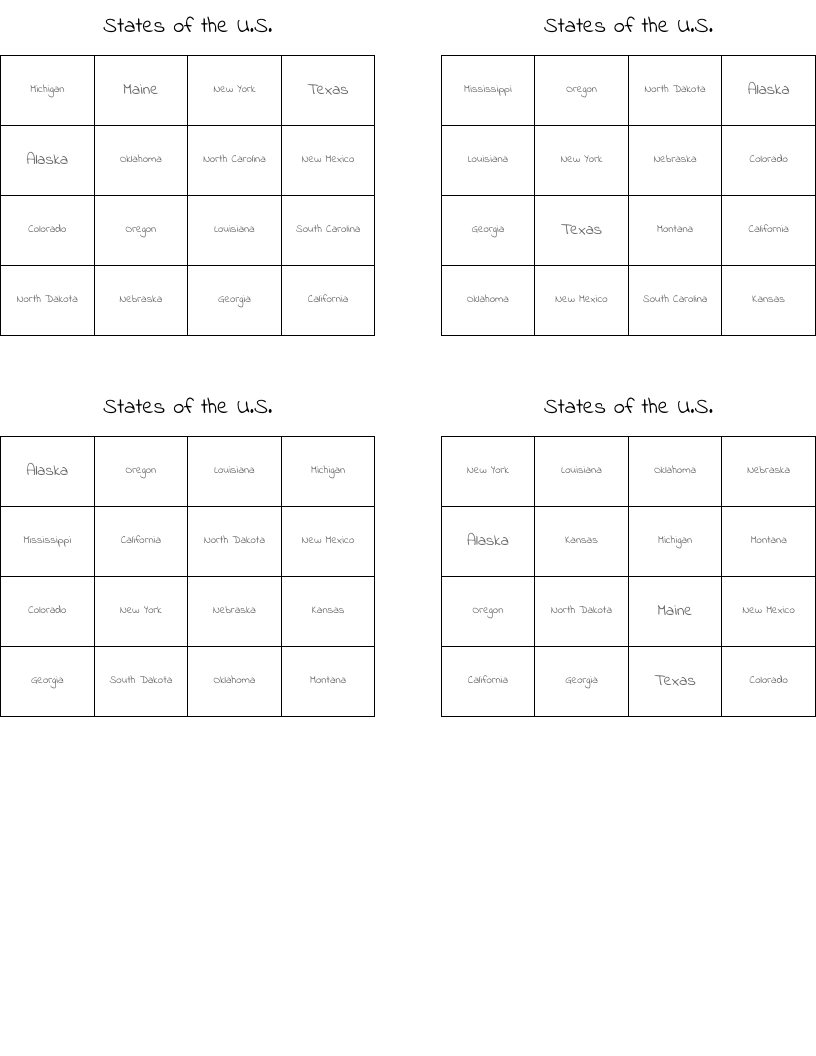States of the U.S. Bingo Cards