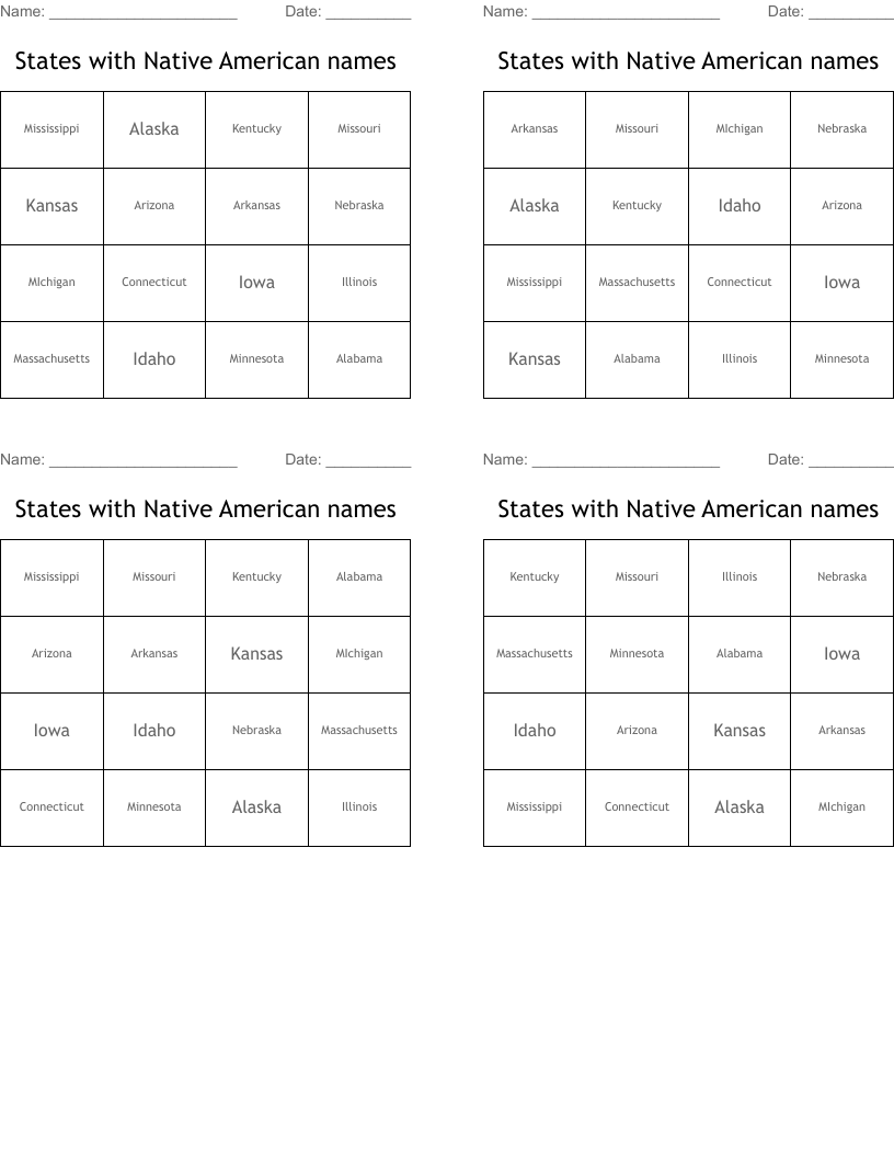 States with Native American names Bingo Cards