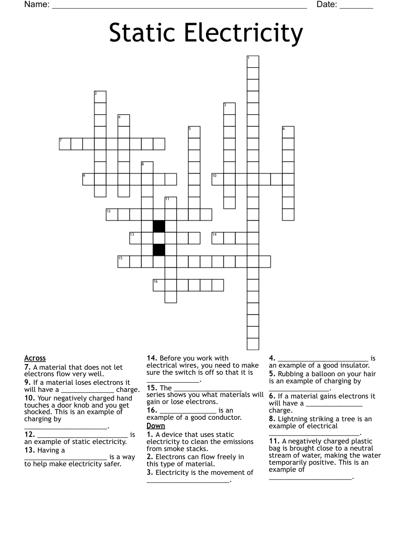 Static Electricity Crossword