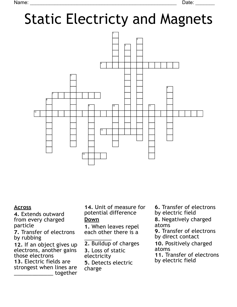 Static Electricty and Magnets Crossword