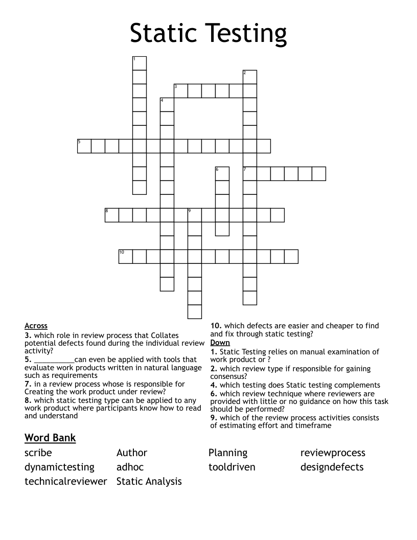Static Testing Crossword