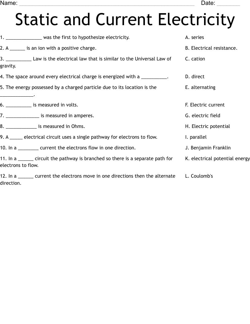 Static and Current Electricity  Worksheet