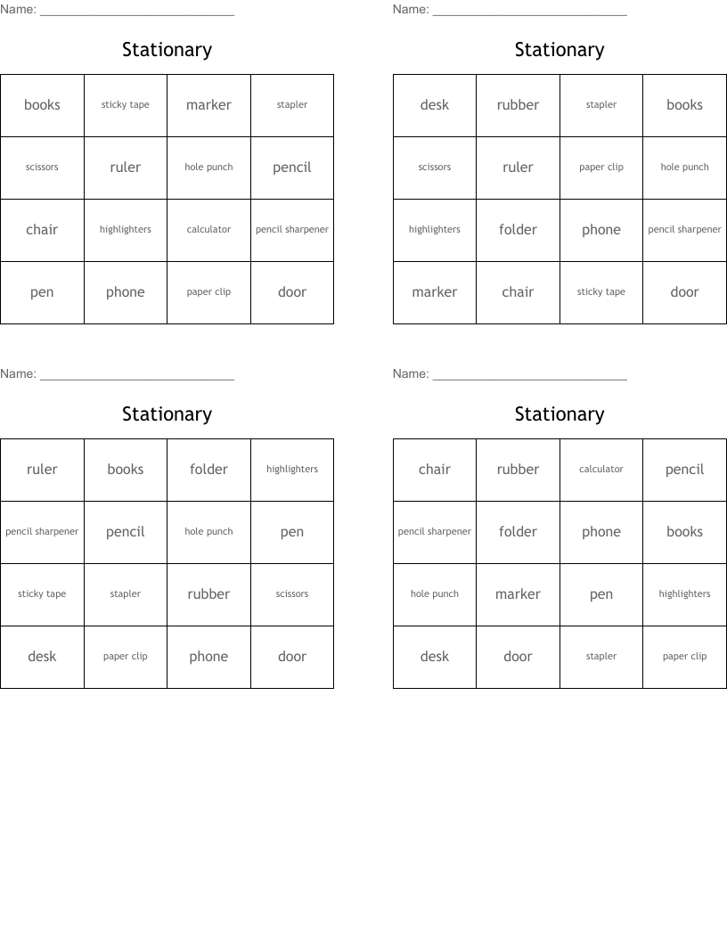 Stationary Bingo Cards
