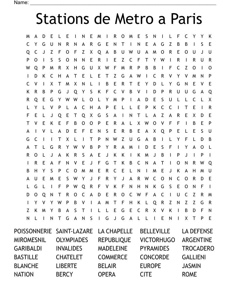 Stations de Metro a Paris  Word Search