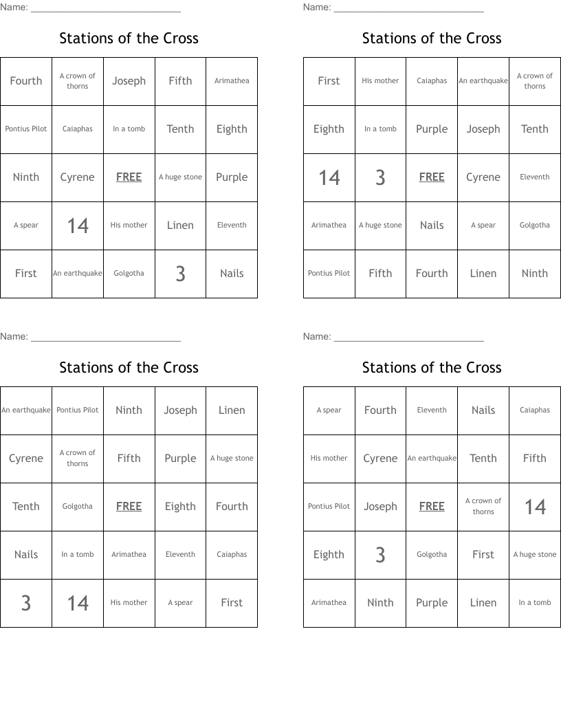 Stations of the Cross Bingo Cards