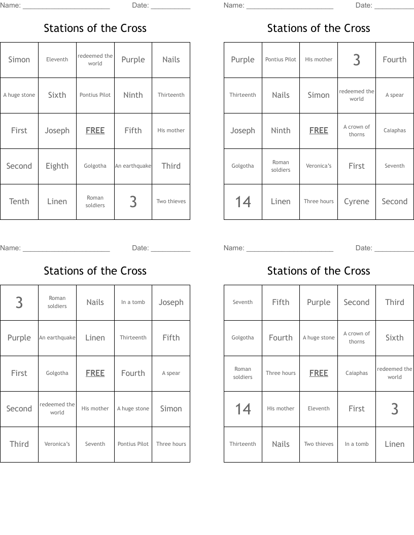 Stations of the Cross Bingo Cards