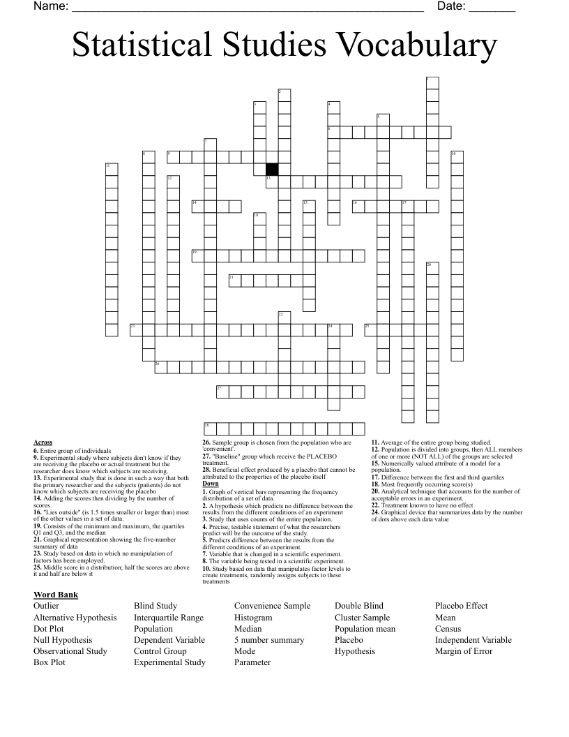 Statistical Studies Vocabulary  Crossword