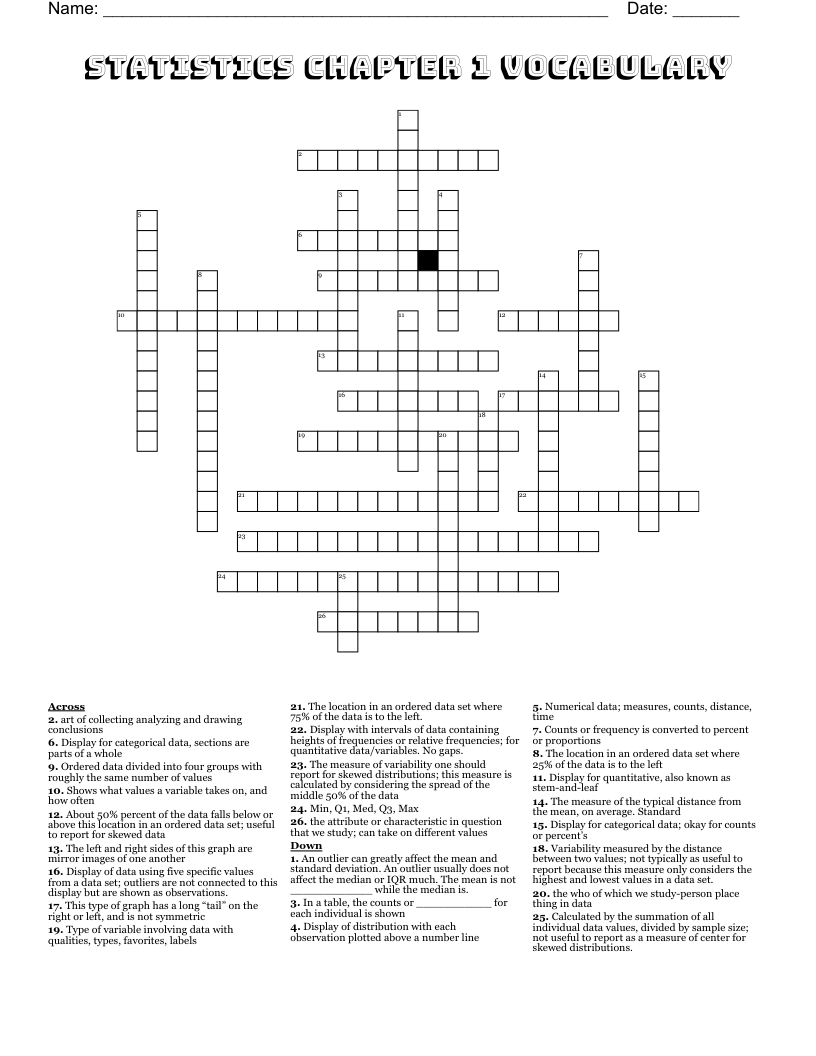 Statistics Chapter 1 Vocabulary Crossword