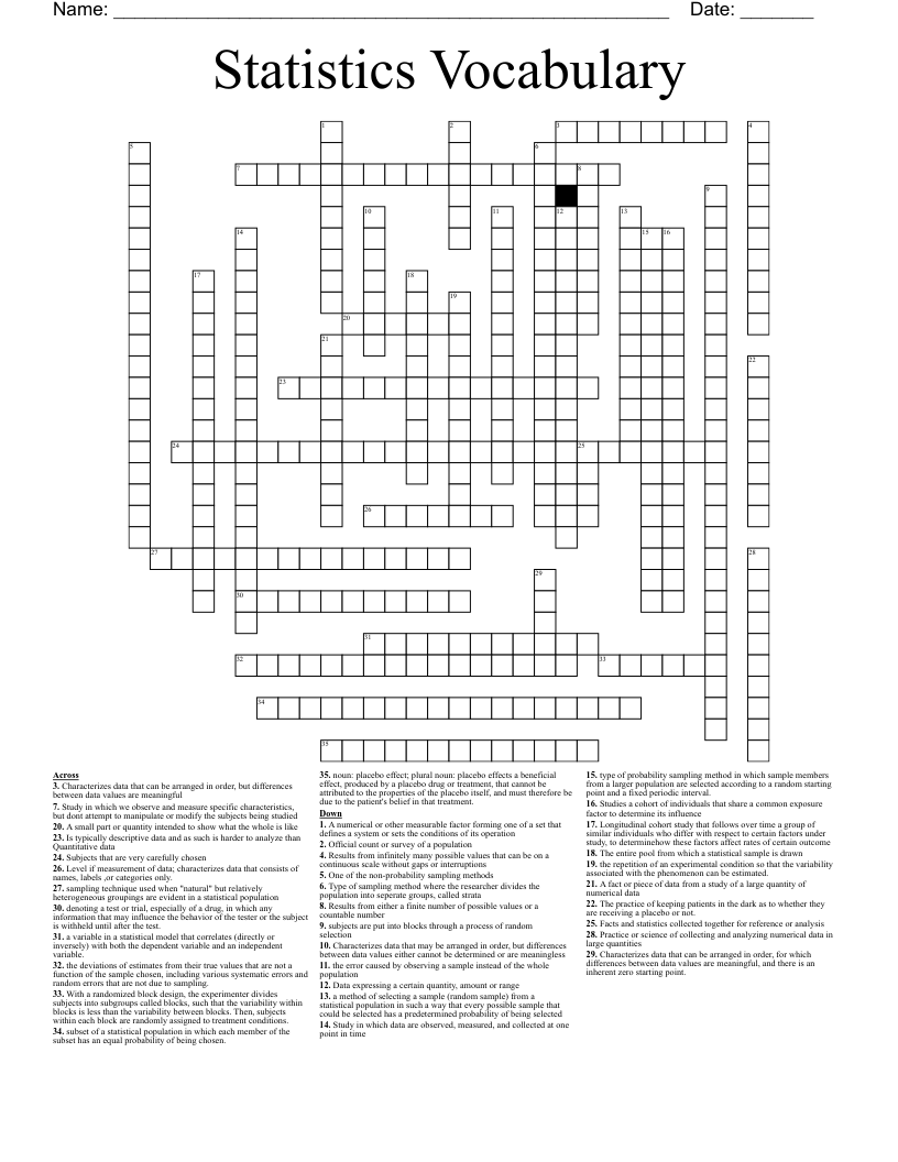 Statistics Vocabulary Crossword