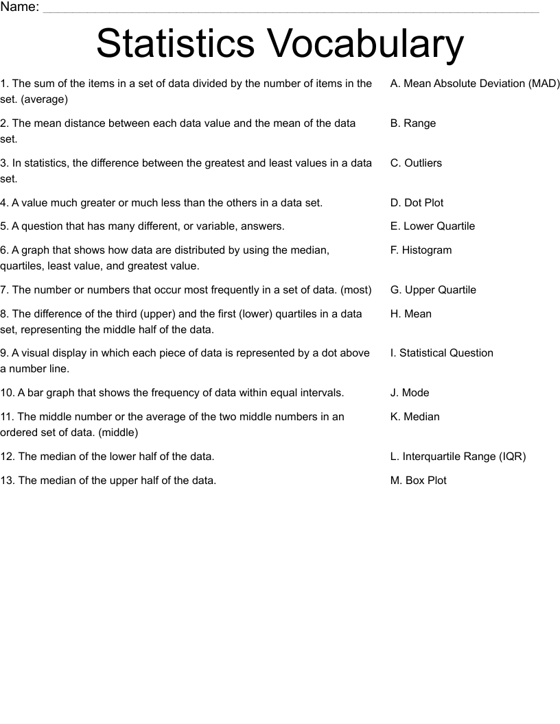 Statistics Vocabulary Worksheet