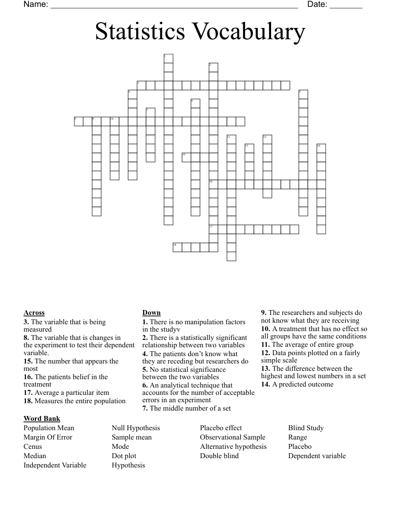 Statistics Vocabulary  Crossword
