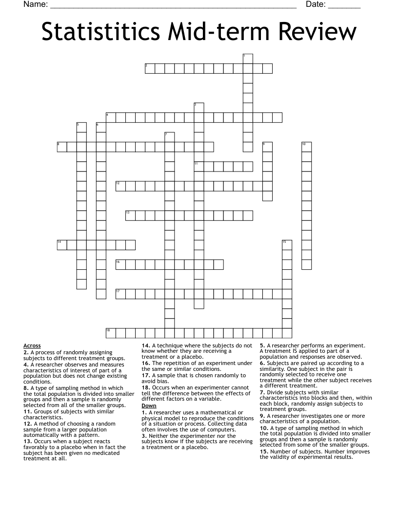 Statistitics Mid-term Review Crossword