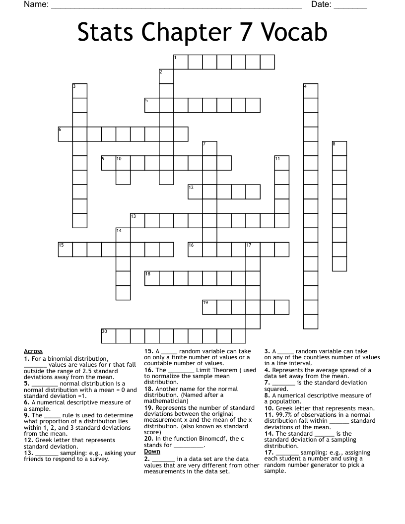 Stats Chapter 7 Vocab Crossword