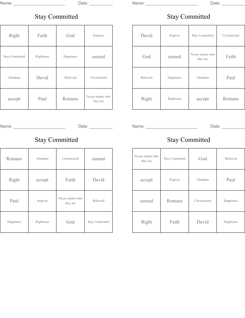 Stay Committed  Bingo Cards