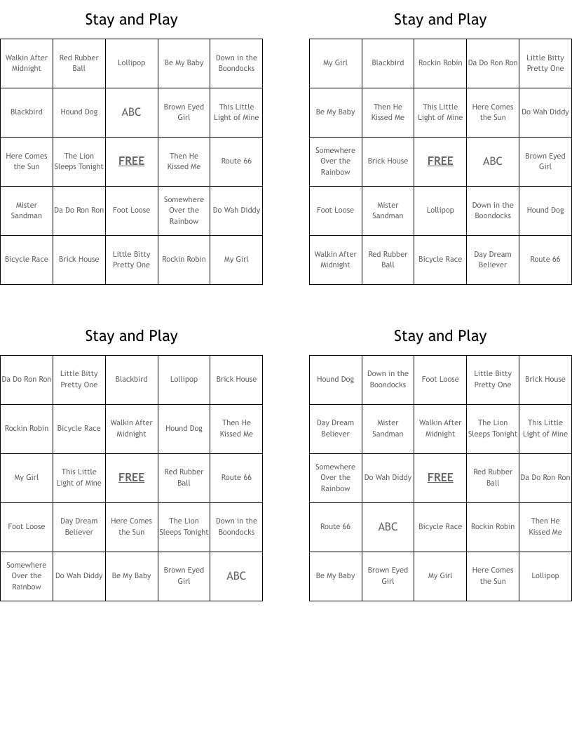Stay and Play  Bingo Cards