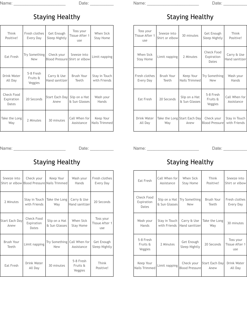 Staying Healthy  Bingo Cards