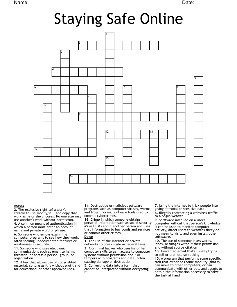 Staying Safe Online Crossword