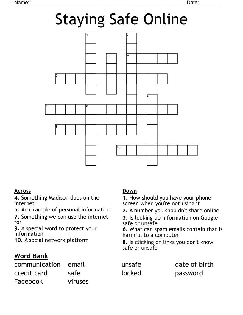 Staying Safe Online  Crossword