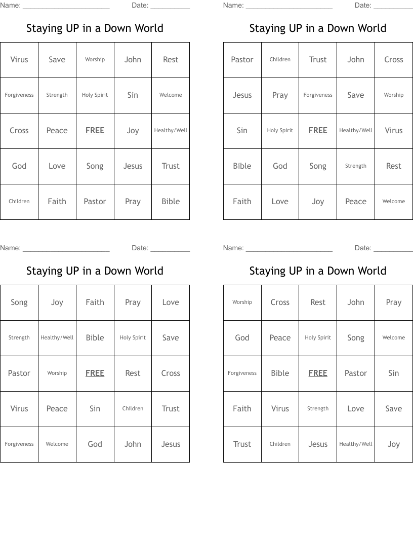 Staying UP in a Down World Bingo Cards