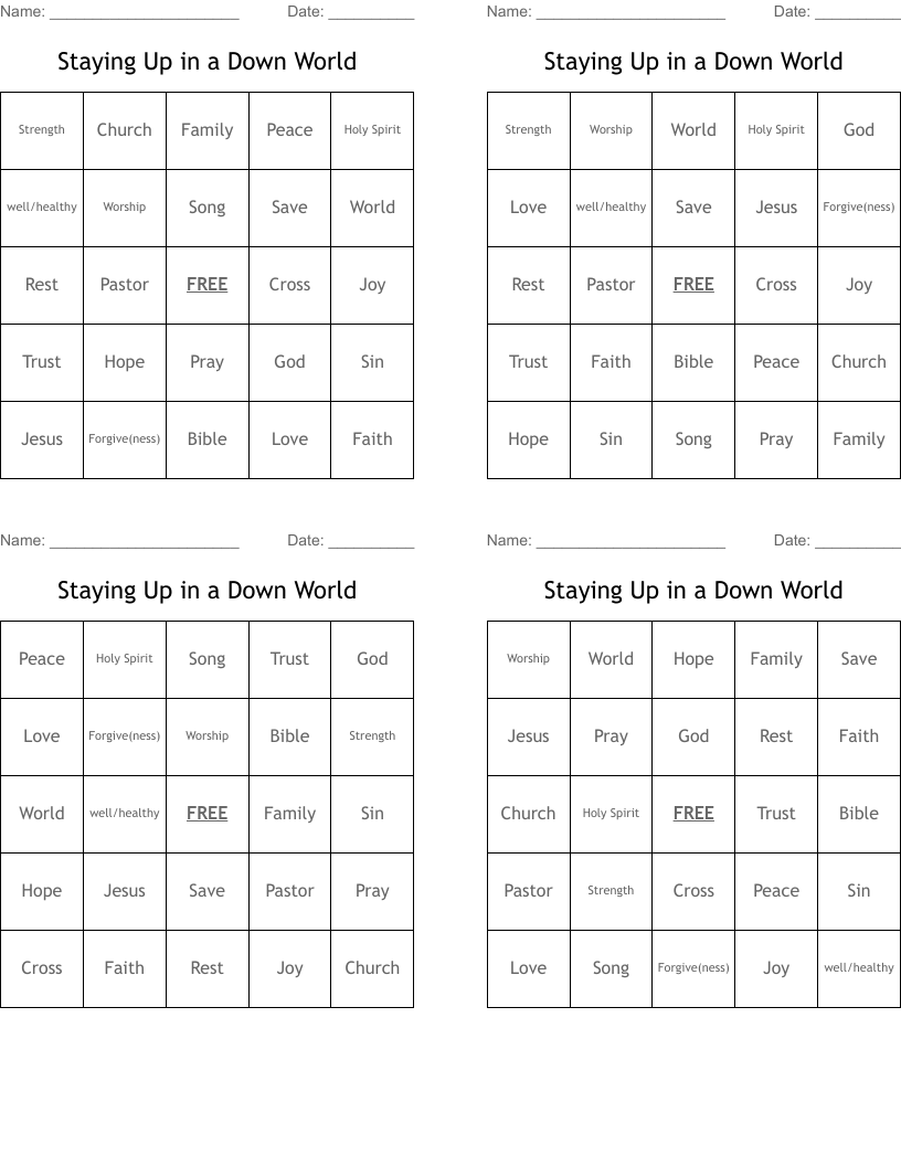 Staying Up in a Down World Bingo Cards