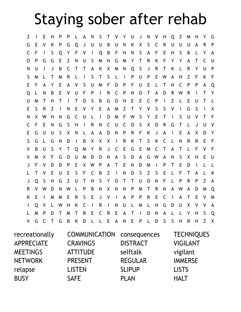 Staying sober after rehab Word Search