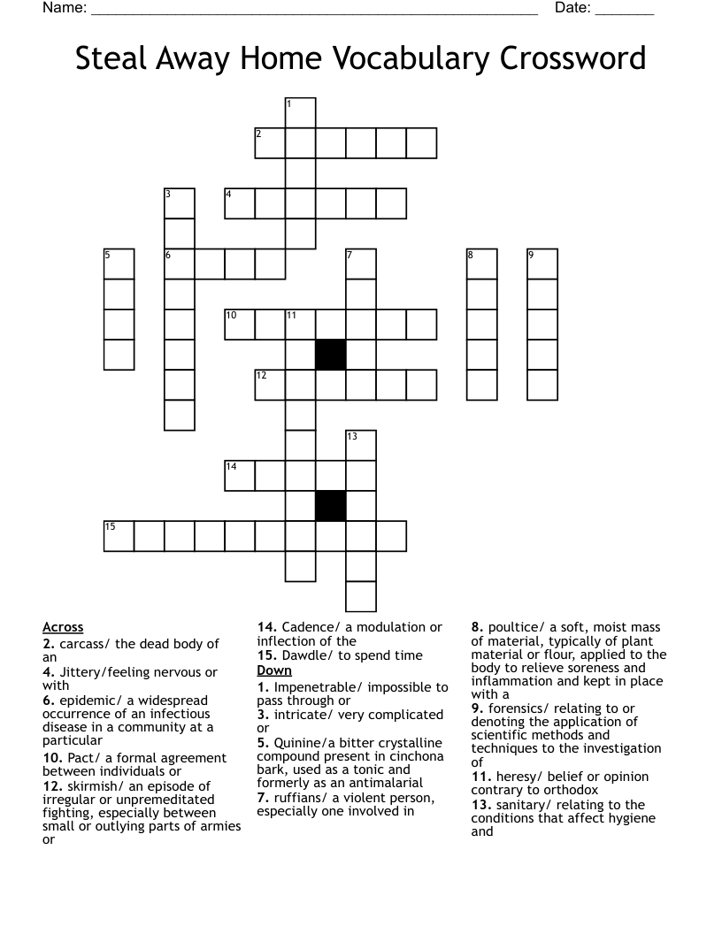 Steal Away Home Vocabulary Crossword