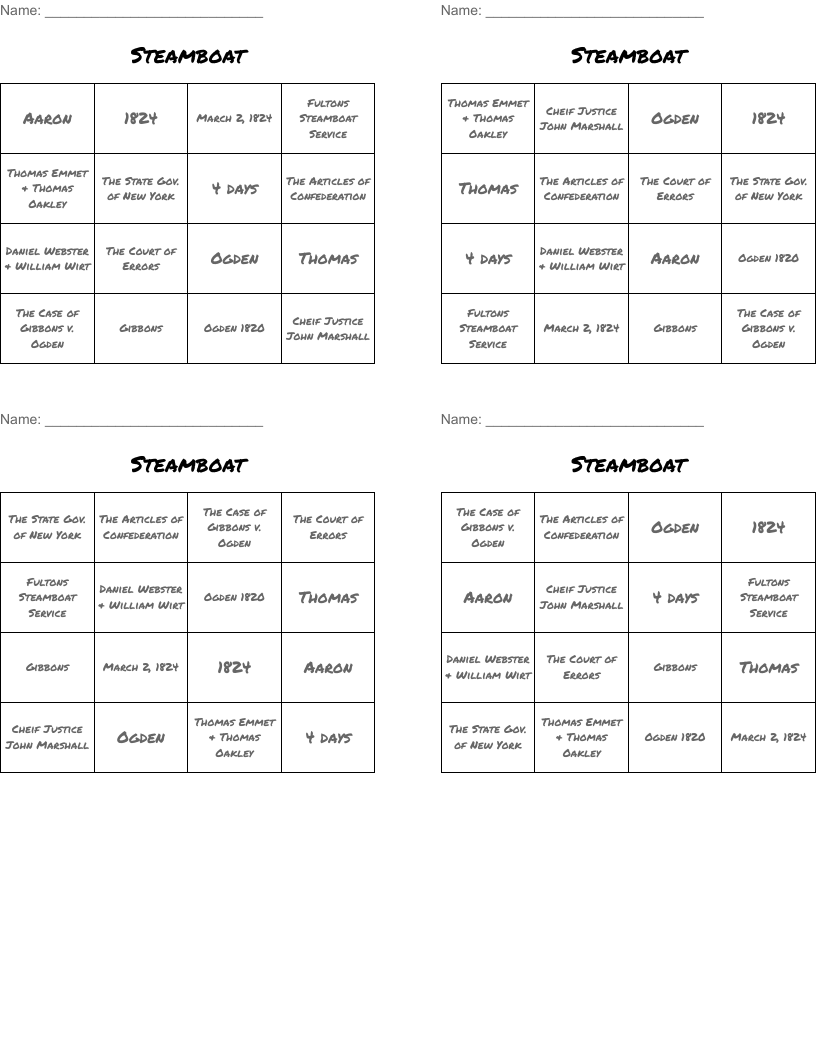 Steamboat Bingo Cards