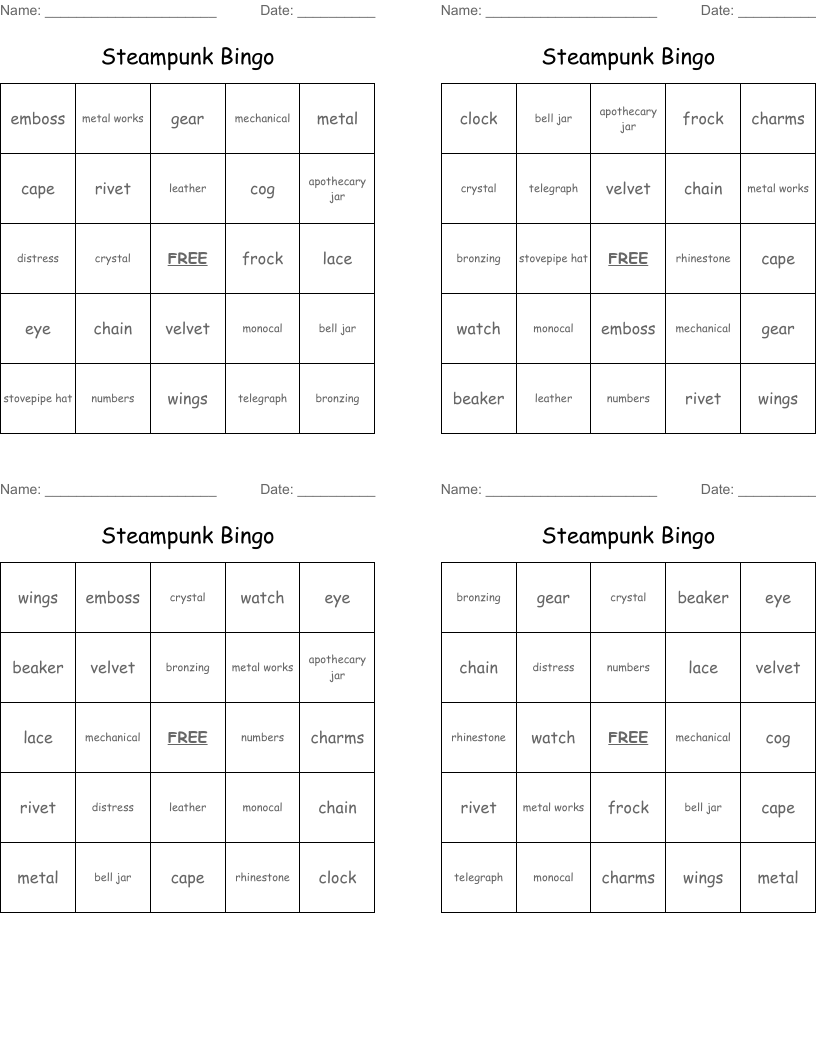 Steampunk Bingo