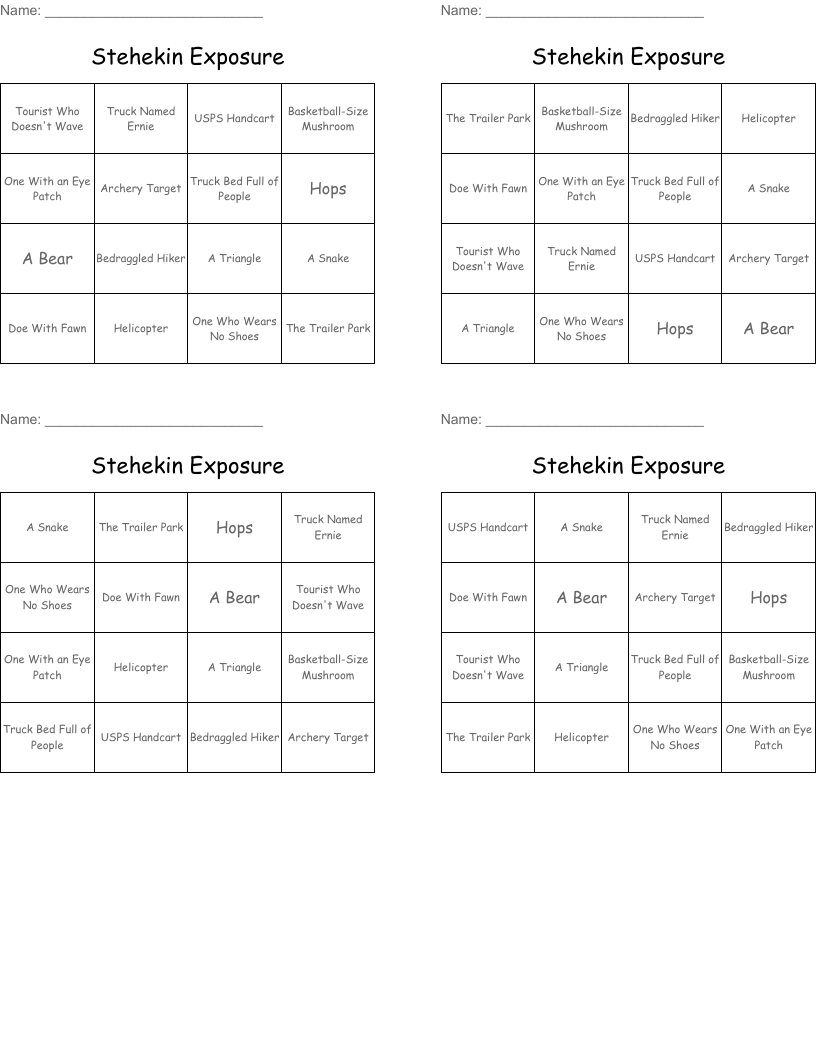 Stehekin Exposure Bingo Cards