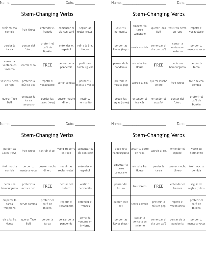 Stem-Changing Verbs  Bingo Cards
