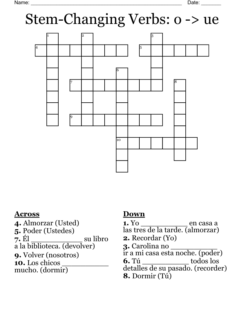 Stem-Changing Verbs: o -> ue Crossword