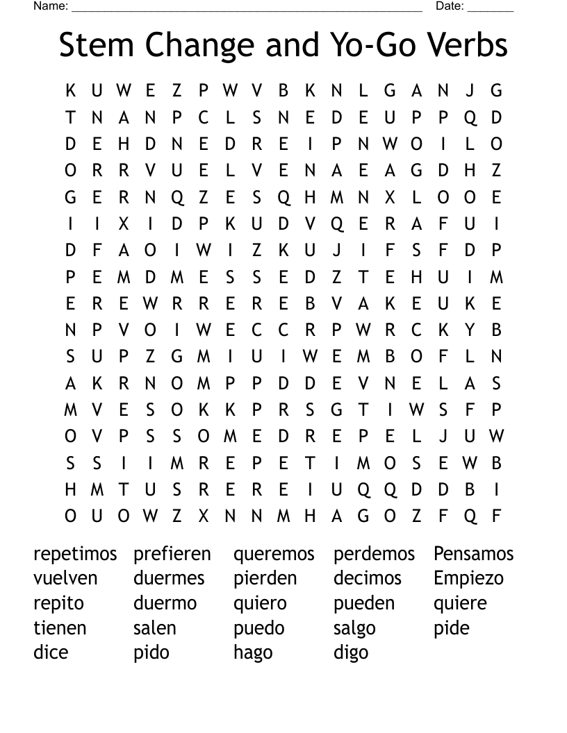 Stem Change and Yo-Go Verbs Word Search