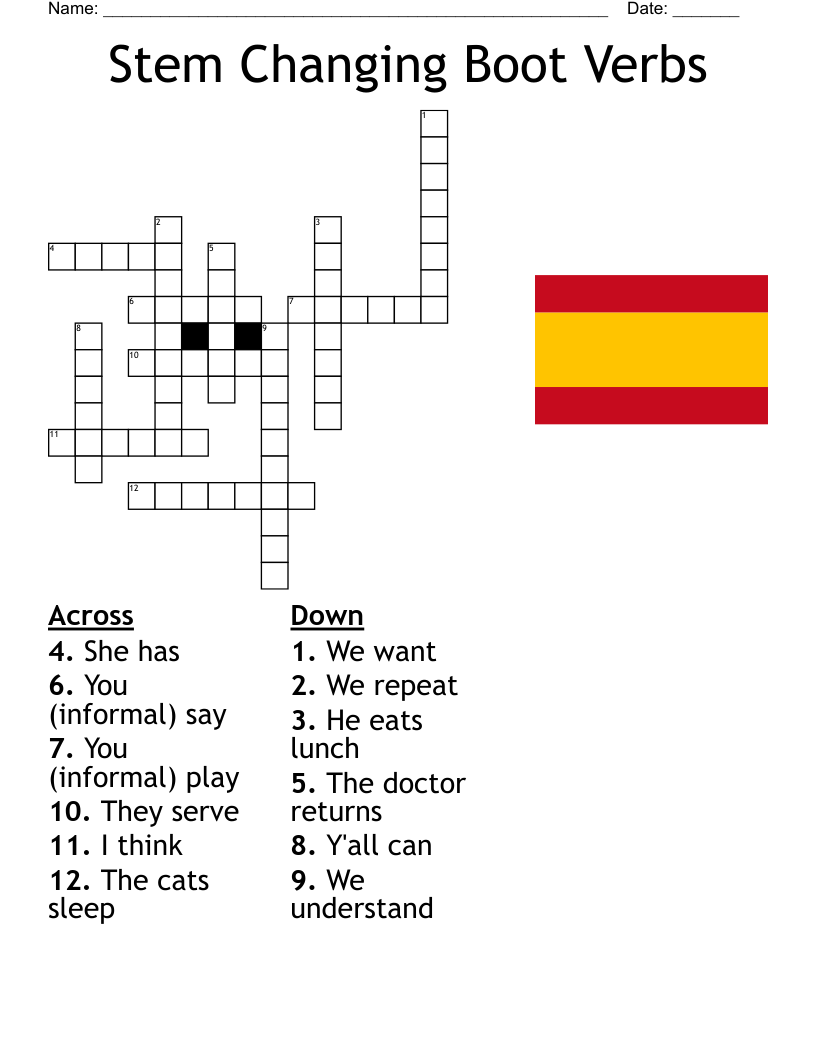 Stem Changing Boot Verbs Crossword