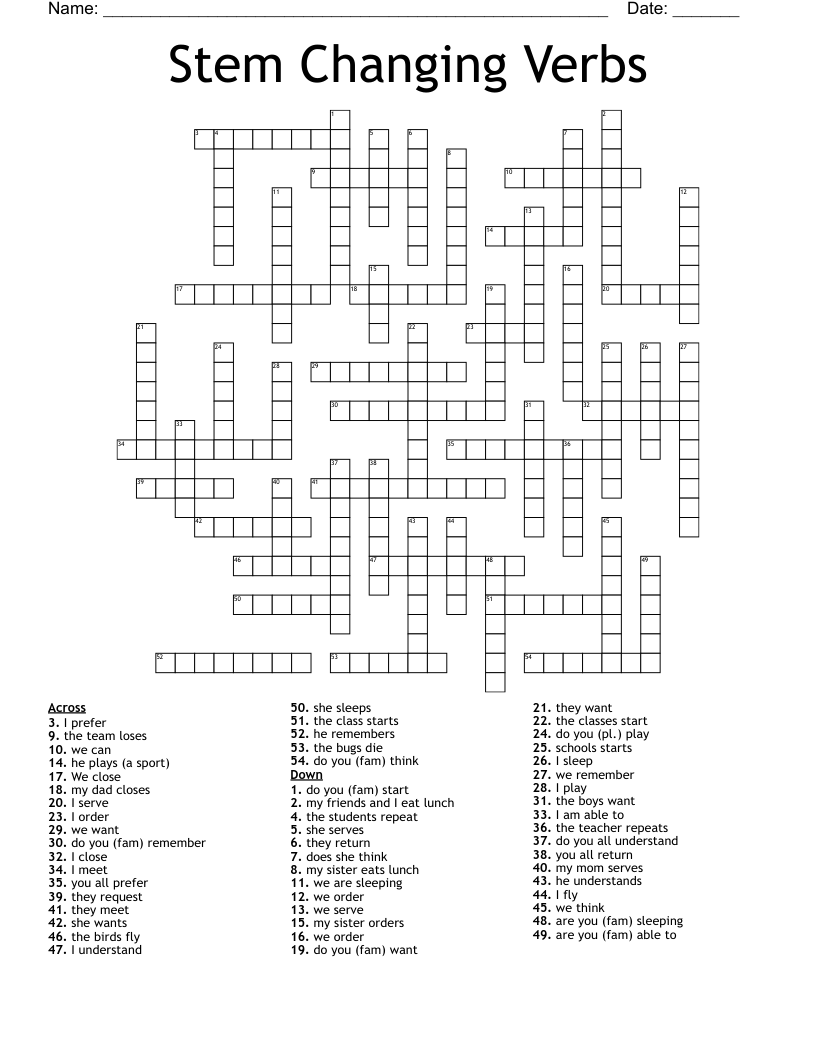 Stem Changing Verbs Crossword