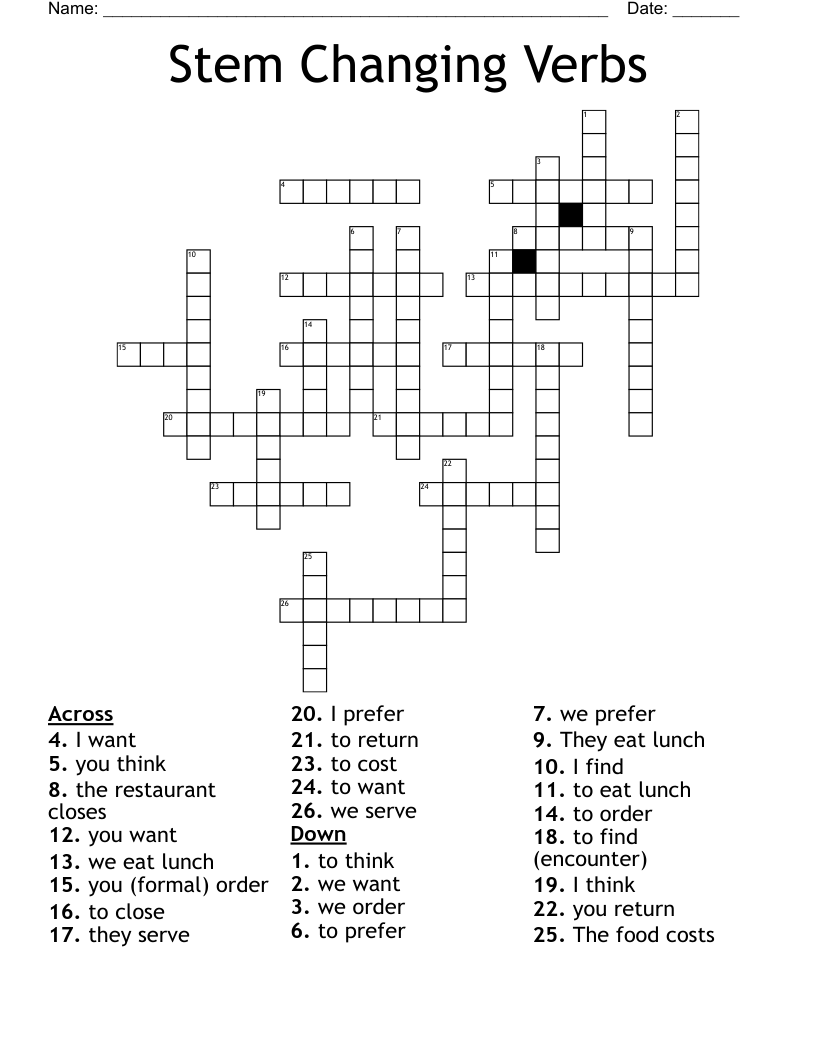 Stem Changing Verbs Crossword