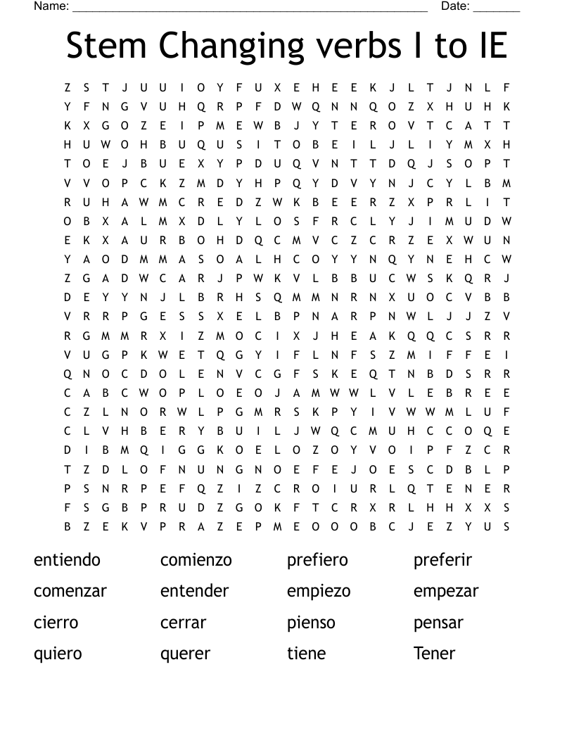 Stem Changing verbs I to IE Word Search