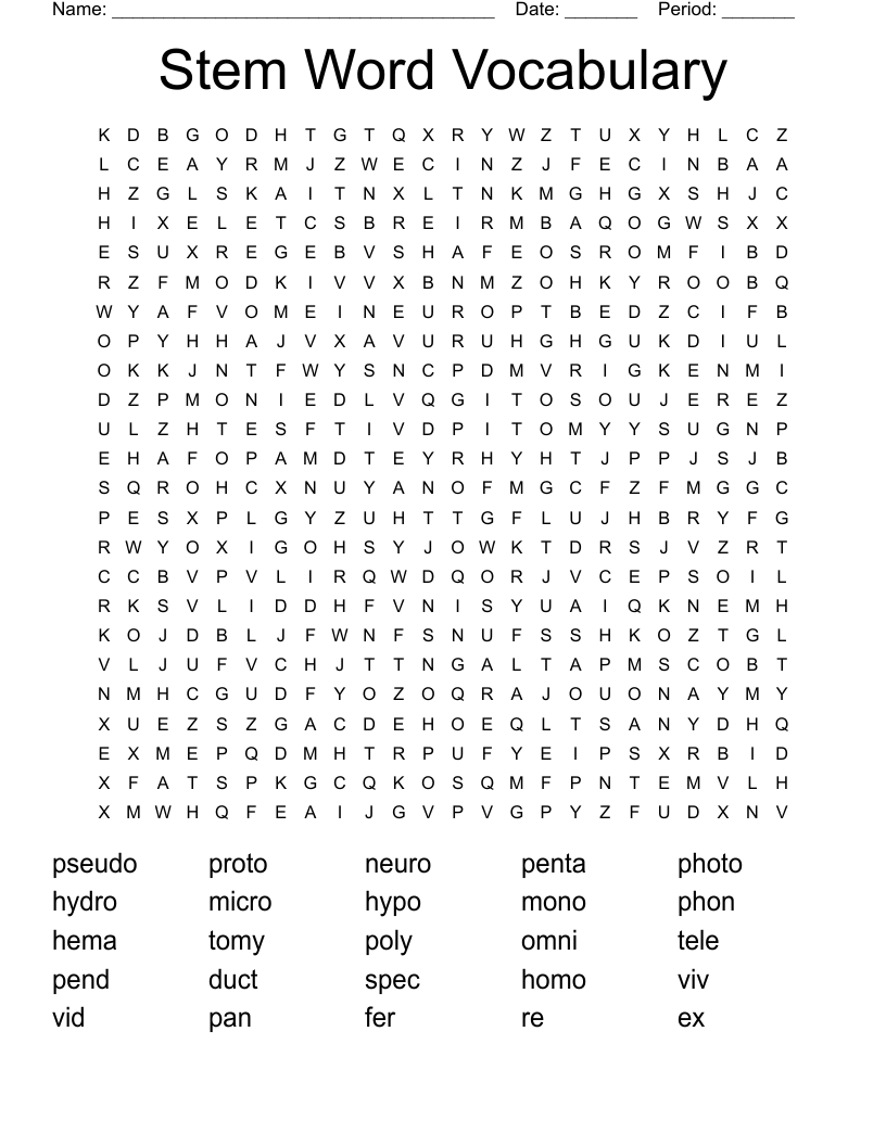 Stem Word Vocabulary  Word Search