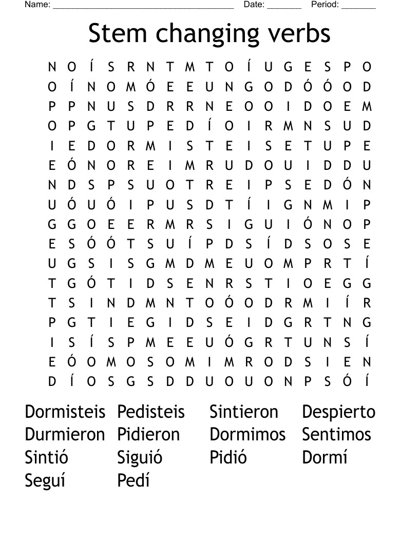 Stem changing verbs Word Search