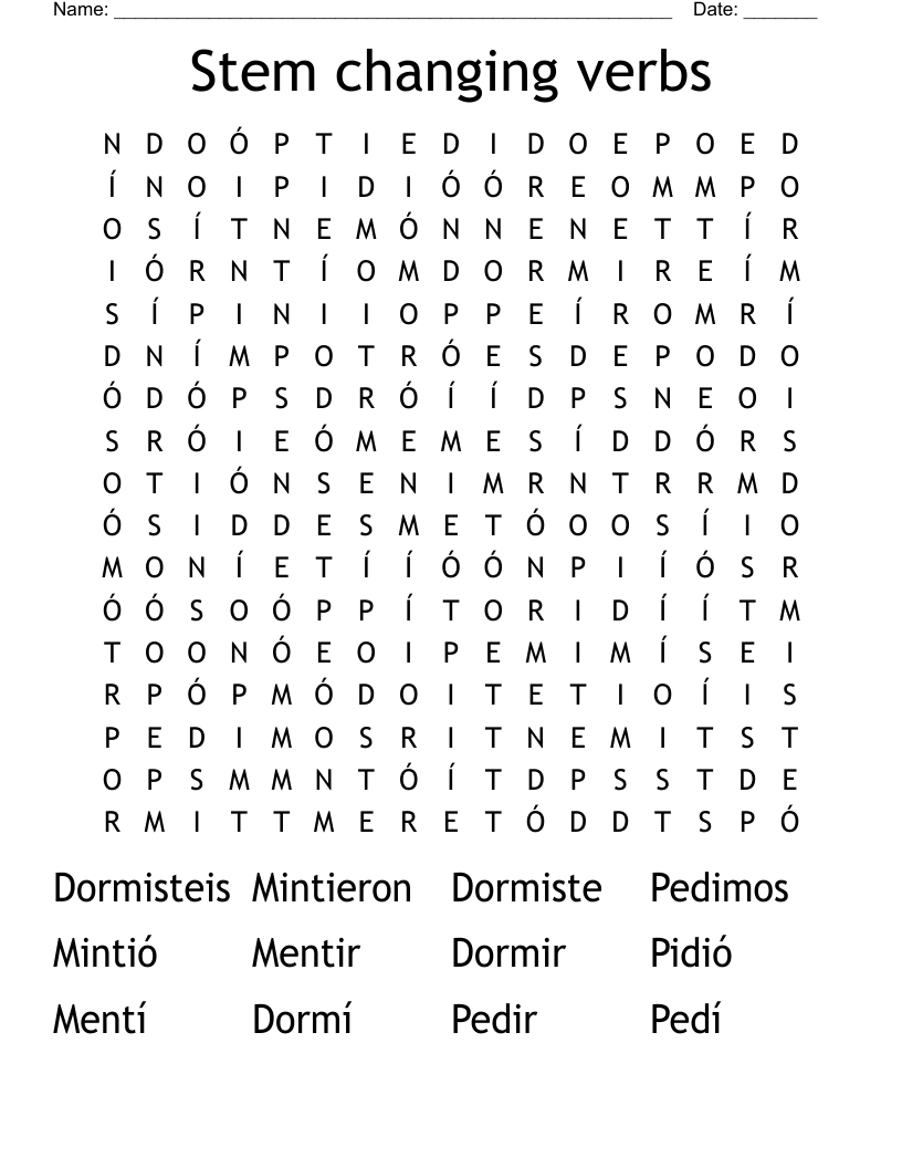 Stem changing verbs Word Search