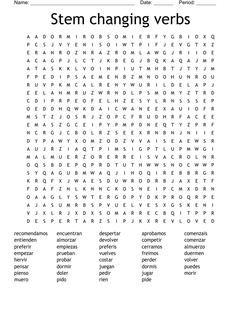 Stem changing verbs Word Search